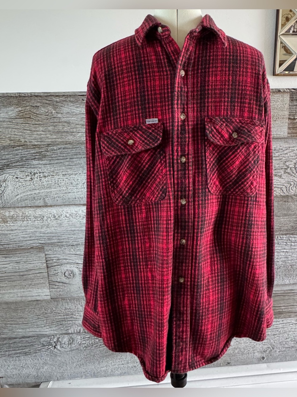 Vintage Carhartt Rugged Outdoor Wear Plaid Flannel Shirt Oversized Long (F1)